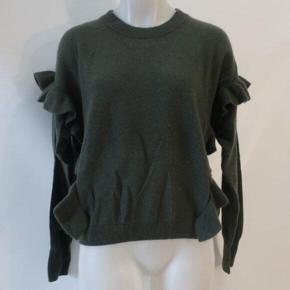 NWT Womens Crush Ribbed Durban Pure Cashmere Ruffle Khaki Green Sweater 1 US/S - Picture 8 of 13